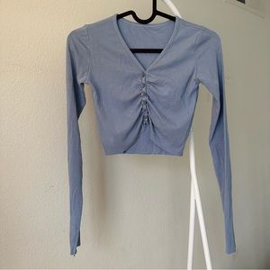 Ruched Ribbed Long Sleeve Crop Top with buttons